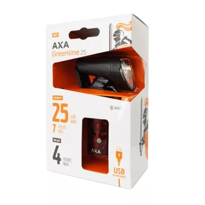Satz: AXA Greenline Scheinwerfer Front 25 Lux und Rücklicht - USB - Schwarz - AXA - Beleuchtung - Fahrradlichter - LED - LED-Lampe - Sicherheit - Sichtbarkeit - usb - wiederaufladbar